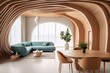 Abstract wooden arched ceiling and wall with curved lines. Interior design of modern living room. Generative AI