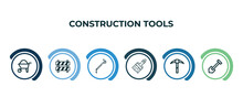Wheel Barrow, Road Construction, Crowbar, Builder Brush, Pick Axe, Gardening Digger Outline Icons. Editable Vector From Construction Tools Concept.
