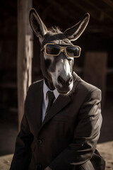 donkey animal in the form of a man in a suit and sunglasses, a joke on the boss, director, generative ai