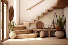 Boho Interior Design Of Modern Entrance Hall With Wooden Staircase And Rustic Decor Pieces. Generative AI