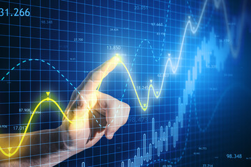 Poster - Finger touching peak of digital growth chart with glowing lines