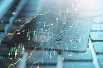 Poster - Close up of laptop keyboard and bank card with glowing forex chart and grid on blurry background. Stock, financial growth and trade concept. Double exposure.