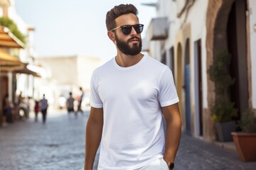 Wall Mural - White blank t shirt mock up. Men street background