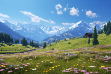 Wall Mural - Idyllic mountain landscape in the Alps with blooming meadows in springtime. Generative Ai