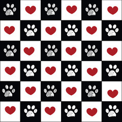 Wall Mural - Plaid pattern christmas design with paw prints and hearts seamless fabric design pattern