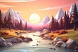 low poly landscape illustration with mountains fir trees and lake.
