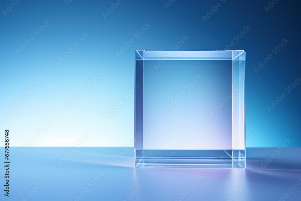 Transparent glass cube on a blue gradient background. Transparent ...