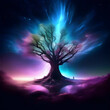 The birth of creation as a leafy tree in an epic galactic sky background