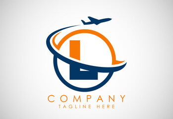 Initial alphabet L with aeroplane. Travel icons. Aviation logo sign, Flying symbol. Flight icon