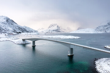 Wall Mural - bridge over the fjord. aerial view of lofoten islands, norway. landscape in winter during the day. v