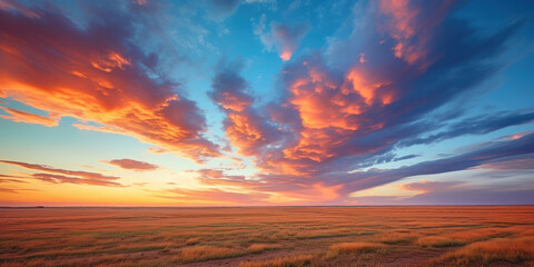 Wall Mural - Clouds hovering over an empty field at sunset