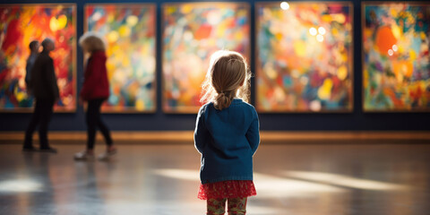 Child intently viewing paintings in an art exhibit