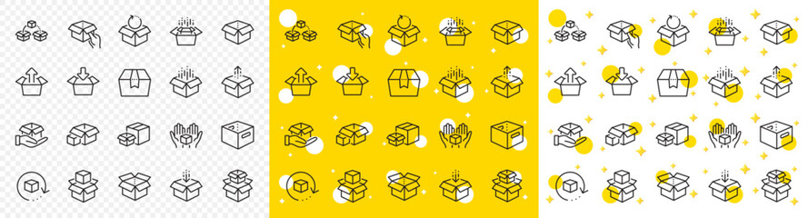 Poster - Package, delivery boxes, cargo box. Box line icons. Cargo distribution, export boxes, return parcel icons. Shipment of goods, purchase container, open package. Logistics goods. Vector