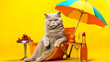Portrait shot of cat with cute face with beach umbrella and some drink cocktail,colorful moody studio background.summer and vacation concepts