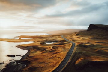 Wall Mural - Scenic road in Iceland, beautiful nature landscape aerial panorama, mountains and coast at sunset, nordic