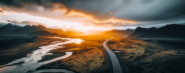 Scenic road in Iceland, beautiful nature landscape aerial panorama, mountains and coast at sunset, nordic