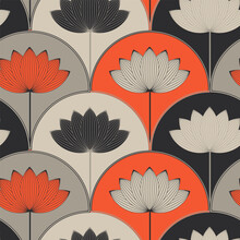 Asian Style Lotus Flower Seamless Pattern In Orange Gray Shades
