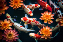 Colorful Koi Fish Swim Gracefully In A Circular Pond, Surrounded By Blooming Lotus Flowers And Lilypads, Emanating A Zen Vibe