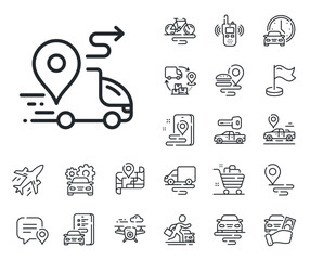 Poster - road path sign. plane, supply chain and place location outline icons. delivery line icon. car journe