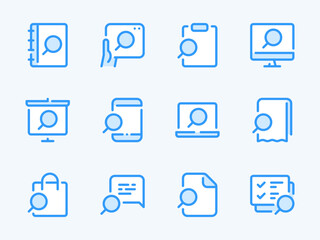 Poster - Search and Exploration vector line icons. Research, Review and Inspection outline icon set. Find Document, To-do list, Presentation, Purchase, Notebook, Receipt, Plan and more.