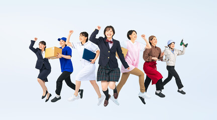 Poster - ジャンプする様々な職業のユニフォームを着た同一人物の合成写真　転職　進路　専門学校　切り抜き全身写真（切り抜き背景透過PNGも販売しております。作成者リンクから「PNG」で検索してください）