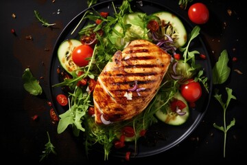 Wall Mural - Grilled chicken breast fillet and fresh vegetable salad in dark plate on black background