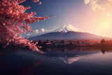 Fototapeta Fototapety z mostem - Mountain Fuji Landscape and red leaves at lake Kawaguchiko is one of the best and most beautiful places in Japan. Generative Ai