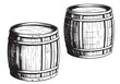 Oak wooden barrel ink illustration. Hand drawn engraving style barrel with crane . Vintage