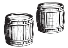 Oak Wooden Barrel Ink Illustration. Hand Drawn Engraving Style Barrel With Crane . Vintage