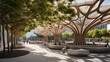 Futuristic urban park with artistic tree-like structures providing shade for pedestrians and seating areas.