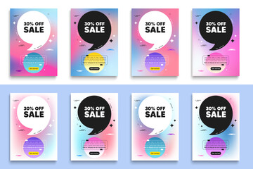 Sale 30 percent off discount. Poster frame with quote. Promotion price offer sign. Retail badge symbol. Sale flyer message with comma. Gradient blur background posters. Vector