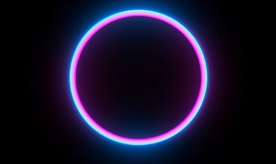 Round circle picture frame with two tone neon color shade motion graphic on isolated black background. Blue and pink light moving for overlay element, Generative AI