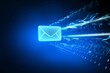 Futuristic blue express envelope and parcel abstract technology background. Business quantum internet network communication and high speed parcel delivery and email text sending message, Generative AI