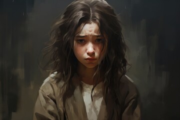sad depressed young girl child on dark background.