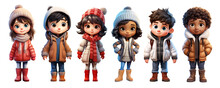 Cute Cartoon Realistic Happy Children Dressed In Winter Clothes Characters Set
