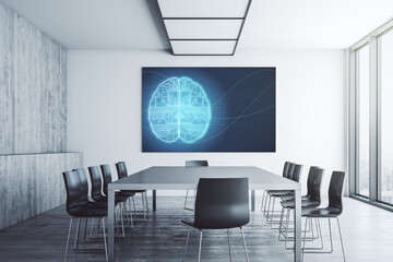 Aufkleber - Creative human brain microcircuit on presentation monitor in a modern boardroom. Future technology and AI concept. 3D Rendering