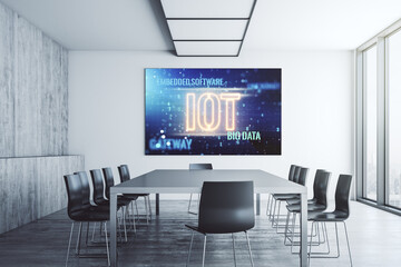 Poster - Creative IOT hologram on presentation monitor in a modern boardroom, internet of things concept. 3D Rendering