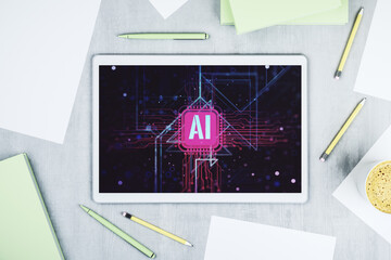 Poster - Creative artificial Intelligence symbol concept on modern digital tablet display. Top view. 3D Rendering