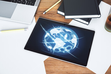 Aufkleber - Social network concept with world map on modern digital tablet screen. Top view. 3D Rendering