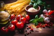 Tasty appetizing italian spaghetti pasta ingredients for kitchen cuisine with tomato, cheese parmesan, olive oil, fettuccine and basil on wooden brown, Generative AI