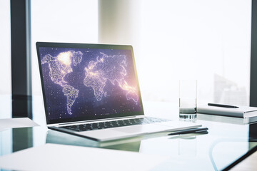 Poster - Modern computer screen with abstract creative digital world map, research and analytics concept. 3D Rendering