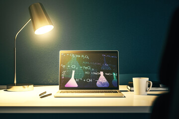 Poster - Creative chemistry hologram on modern laptop monitor, pharmaceutical research concept. 3D Rendering