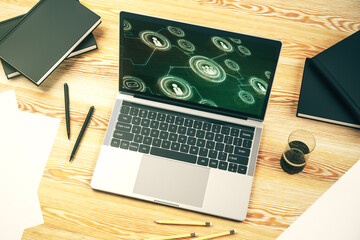 Poster - Modern computer display with social network icons concept. Networking concept. 3D Rendering