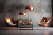 Two copper lounge hairs against concrete wall. Loft interior design of modern living room. Generative AI