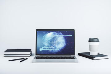Aufkleber - Modern computer display with abstract programming language hologram and world map, artificial intelligence and neural networks concept. 3D Rendering