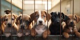 Fototapeta Zwierzęta - sad look of puppies in an animal shelter, behind bars, in the hope that they will be taken and sheltered. banner