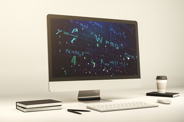 Poster - Creative scientific formula hologram on modern laptop monitor, research concept. 3D Rendering