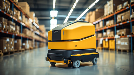 Leinwandbilder - Yellow Automatic Guided Vehicle amidst shelves with cardboard boxes in contemporary distribution warehouse.