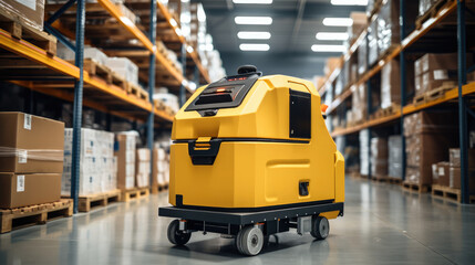 Leinwandbilder - Yellow Automatic Guided Vehicle amidst shelves with cardboard boxes in contemporary distribution warehouse.