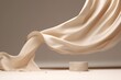 3D display podium, beige background with white stone pedestal. Flying nude color silk cloth curtain in motion. Nature wind. Beauty cosmetic product presentation, rock stand. Luxury mockup,GenerativeAI